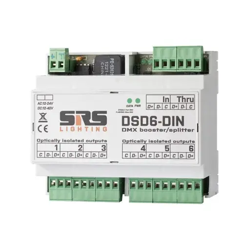 SRS Lighting* SRS Lighting | DSD6-DIN | DIN-Rail DMX-splitter 6-kanaals | DMX Input: wago| DMX output: wago | Power input: wago