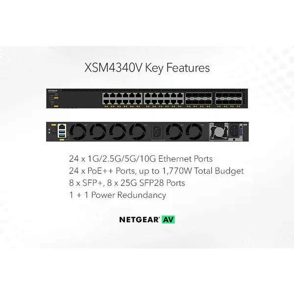 Netgear Netgear | XSM4340V | 40-poorts AV-netwerk switch | 24x 10G/Multi-Gig PoE++ (290W-1.770W) | 8x SFP+ glasvezel porten | 8x SFP28 25G | Managed Switch