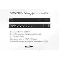 Netgear Netgear | GSM4212PX | 12-port AV network switch | 8x 1G PoE+ 240W | 2x 1G | 2x SFP+ fibre ports | Managed Switch