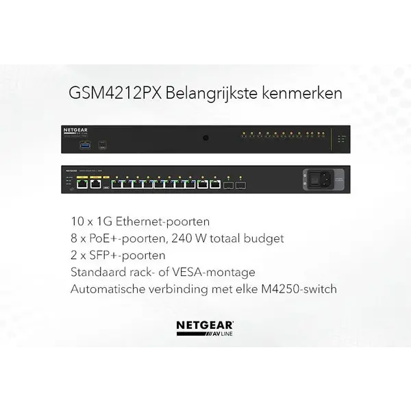 Netgear Netgear | GSM4212PX | commutateur réseau AV 12 ports | 8x 1G PoE+ 240W | 2x 1G | 2x SFP+ ports fibre | Commutateur géré