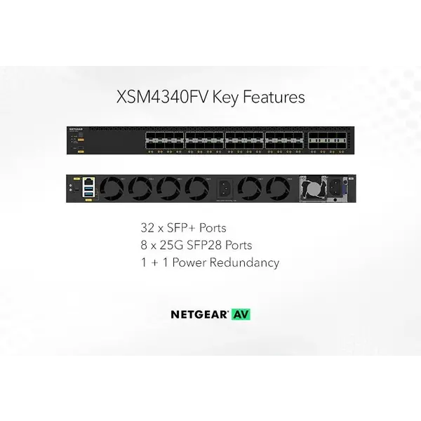Netgear Netgear | XSM4340FV | Commutateur réseau AV 40 ports | 32x SFP+ ports fibre | 8x SFP28 25G | Commutateur géré