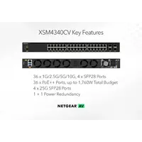 Netgear Netgear | XSM4340CV | Commutateur réseau AV 40 ports | 36x 10G/Multi-Gig PoE++ (280W-1,760W) | 4x SFP28 25G | Commutateur géré