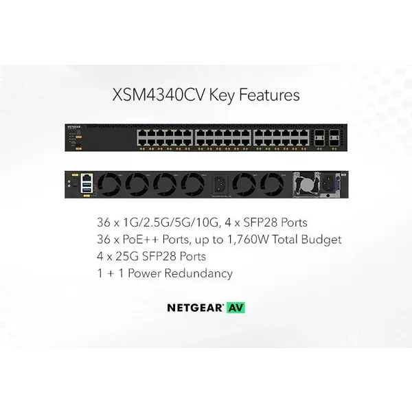 Netgear Netgear | XSM4340CV | 40-poorts AV-netwerk switch | 36x 10G/Multi-Gig PoE++ (280W-1.760W) | 4x SFP28 25G | Managed Switch