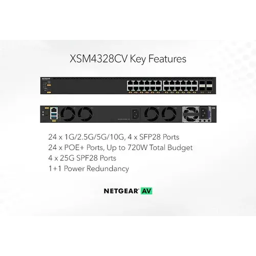 Netgear Netgear | XSM4328CV | Commutateur réseau AV 28 ports | 24x 10G/Multi-Gig PoE+ (576W-720W) | 4x SFP28 25G | Commutateur géré