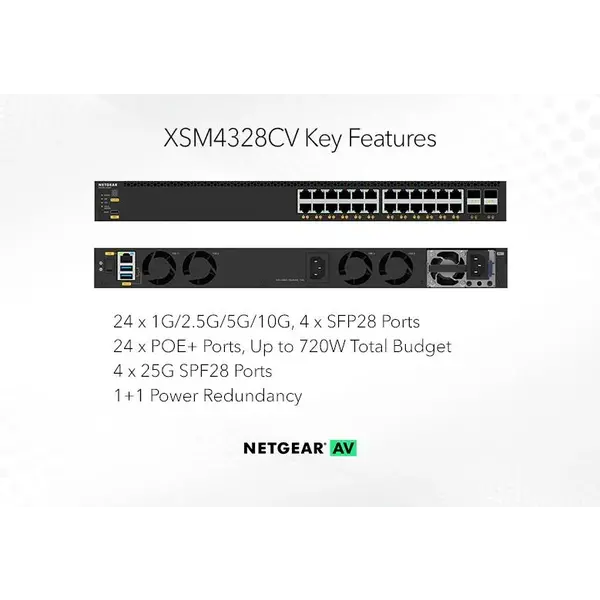Netgear Netgear | XSM4328CV | 28-poorts AV-netwerk switch | 24x 10G/Multi-Gig PoE+ (576W-720W) | 4x SFP28 25G | Managed Switch