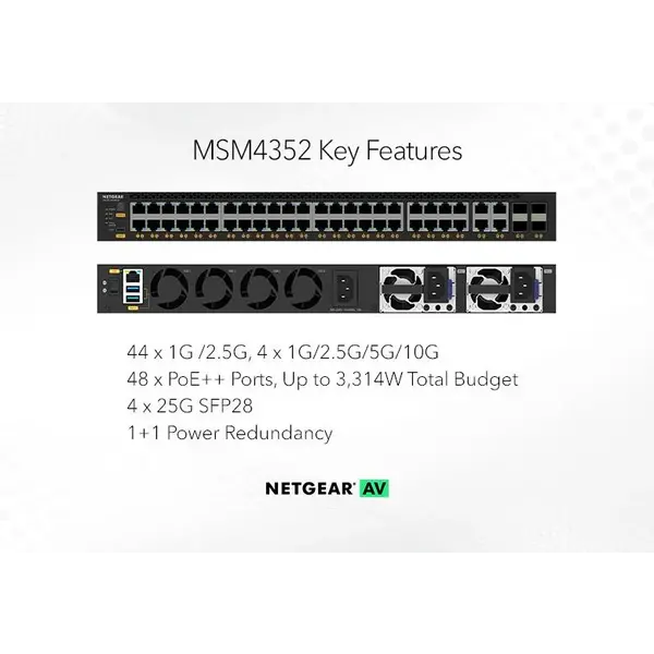Netgear Netgear | MSM4352 | 52-port AV network switch | 44x 2.5G | 4x 10G/Multi-Gig PoE++ (base 194W, up to 3,314W) | 4x SFP28 25G | Managed Switch
