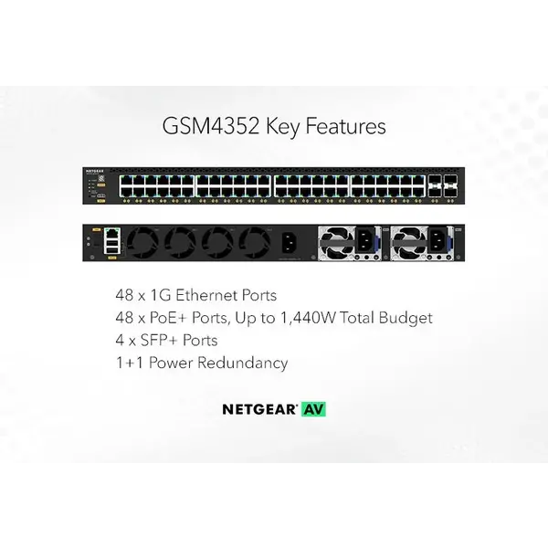 Netgear Netgear | GSM4352 | Commutateur réseau AV 52 ports | 48x 1G PoE+ (236W base, jusqu'à 1,440W) | 4x SFP+ ports fibre | Commutateur géré