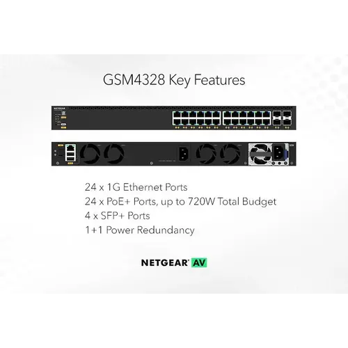 Netgear Netgear | GSM4328 | 28-poorts AV-netwerk switch | 24x 1G PoE+ (648W-720W) | 4x SFP+ glasvezel porten | Managed Switch