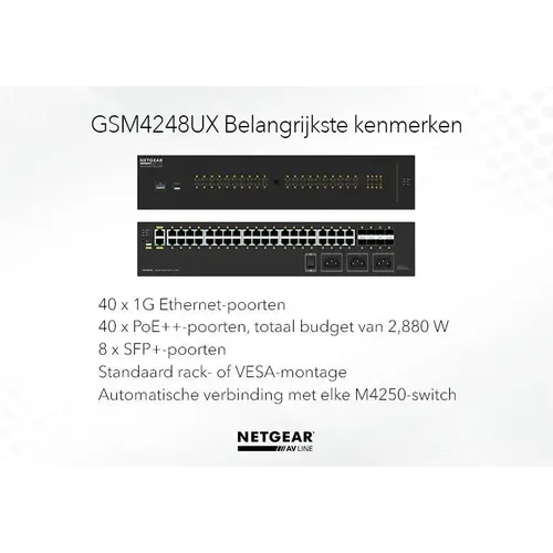 Netgear Netgear | GSM4248UX | Commutateur réseau AV 48 ports | 40x 1G PoE++ 2,880W | 8x ports fibre SFP+ | Commutateur géré