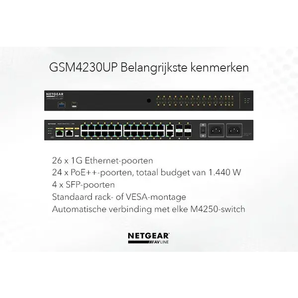Netgear Netgear | GSM4230UP | 30-port AV network switch | 24x 1G PoE++ 1,440W | 2x 1G | 4x SFP fibre ports | Managed Switch