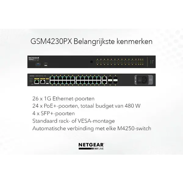 Netgear Netgear | GSM4230PX | 30-poorts AV-netwerk switch | 24x 1G PoE+ 480W | 2x 1G | 4x SFP+ glasvezel porten | Managed Switch