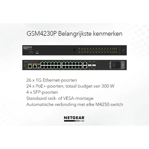 Netgear Netgear | GSM4230P | 30-poorts AV-netwerk switch | 24x 1G PoE+ 300W | 2x 1G | 4x SFP glasvezel porten | Managed Switch