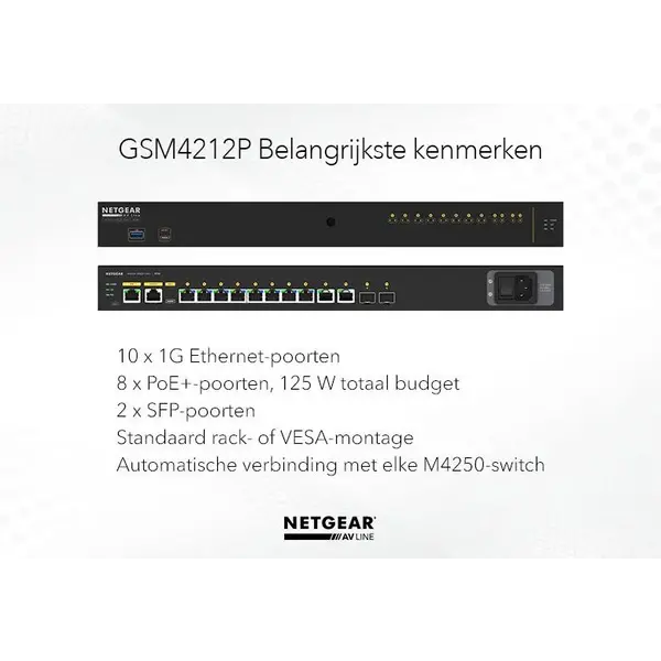 Netgear Netgear | GSM4212P | 12-poorts AV-netwerk switch | 8x 1G PoE+ 125W | 2x 1G | 2x SFP glasvezel porten | Managed Switch