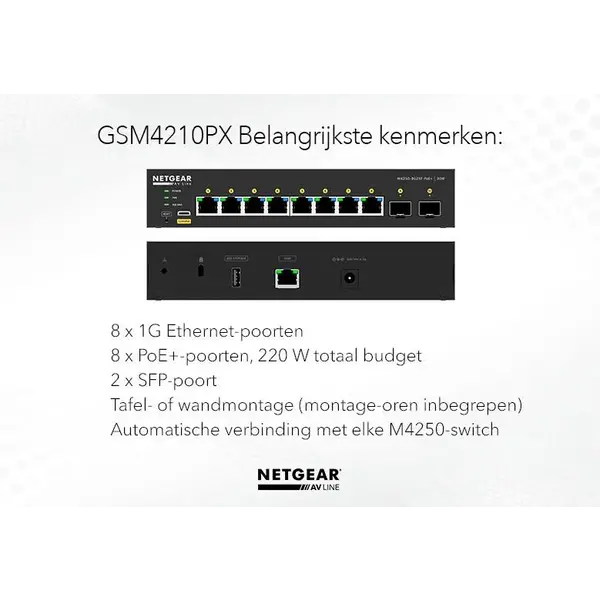 Netgear Netgear | GSM4210PX | commutateur réseau AV 10 ports | 8x 1G PoE+ 220W | 2x SFP+ ports fibre | Commutateur géré