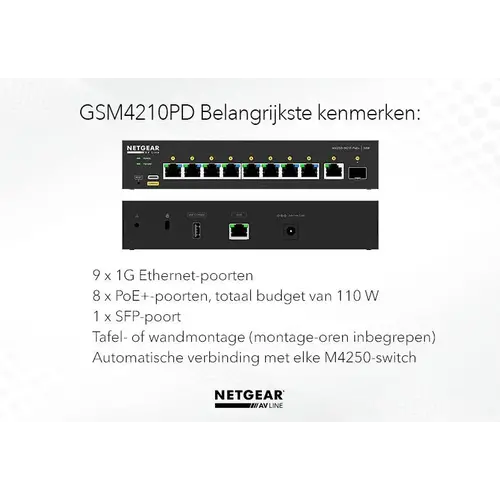 Netgear Netgear | GSM4210PD | 10-port AV network switch | 8x 1G PoE+ 110W | 1x 1G | 1x SFP fibre port | Managed Switch