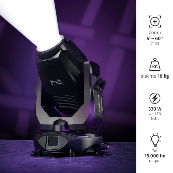 JB-Lighting* JB-Lighting | P10  | Profielspot LED Movinghead  |  330W  | led-bron | CMY-kleurenmenging | 4.4° - 60° | 29dB-A | 18 gobo's | 18KG
