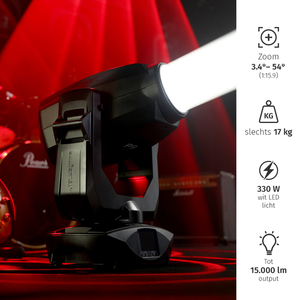 JB-Lighting* JB-Lighting | P9 HP | Beamspot LED Moving Head | 330W | 15,000 lm | CMY | 29 dB(A) | 18 gobos | 3.4° – 54° | 17 kg | CRI ≥70