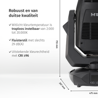 JB-Lighting | M18 | Profielspot LED Movinghead | 1200W | 30.000lm | RGBAL | 28dB(A) | 14 gobo's | 6,5° - 54°| 32kg | CRI ≥96 JB-Lighting* JB-Lighting | M18 | Profielspot LED Movinghead | 1200W | 30.000lm | RGBAL | 28dB(A) | 14 gobo's | 6,5° - 54°| 32kg | CRI ≥96