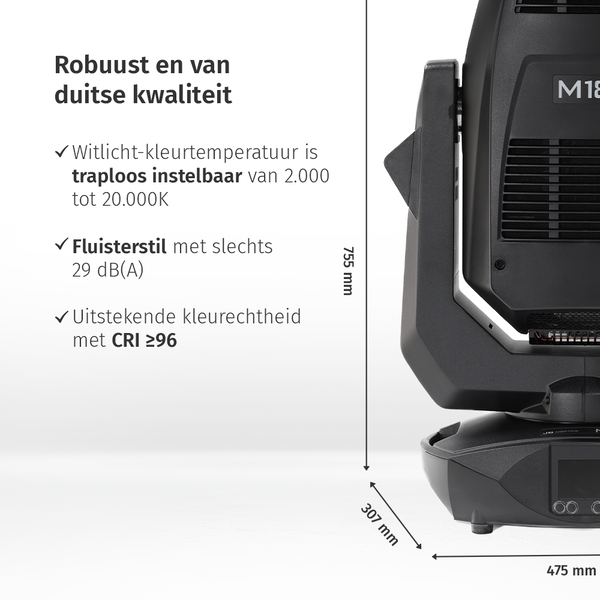 JB-Lighting | M18 | Projecteur à profil LED à tête mobile | 1 200 W | 30 000 lm | RGBAL | 28 dB(A) | 14 gobos | 6,5° - 54° | 32 kg | IRC ≥ 96 JB-Lighting* JB-Lighting | M18 | Projecteur à profil LED à tête mobile | 1 200 W | 30 000 lm | RGBAL | 28 dB(A) | 14 gobos | 6,5° - 54° | 32 kg | IRC ≥ 96