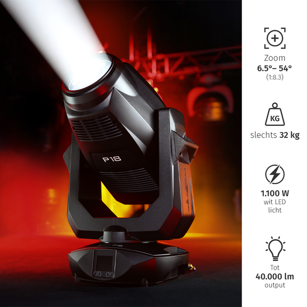 JB-Lighting | P18 | LED Moving Head Profile Spot | 1100W | 23,000 – 40,000 lm | CMY | 28 dB(A) | 14 gobos | 6.5° – 54° | 32 kg | CRI ≥91 – ≥70 JB-Lighting* JB-Lighting | P18 | LED Moving Head Profile Spot | 1100W | 23,000 – 40,000 lm | CMY | 28 dB(A) | 14 gobos | 6.5° – 54° | 32 kg | CRI ≥91 – ≥70