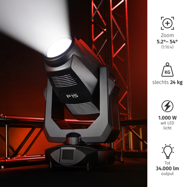 JB-Lighting | P15 | LED Moving Head Profile Spot | 1000W | 22,000–34,000 lm | CMY | 29 dB(A) | 12 gobos | 5.2°–54° | 24 kg | CRI ≥93 – ≥73 JB-Lighting* JB-Lighting | P15 | LED Moving Head Profile Spot | 1000W | 22,000–34,000 lm | CMY | 29 dB(A) | 12 gobos | 5.2°–54° | 24 kg | CRI ≥93 – ≥73