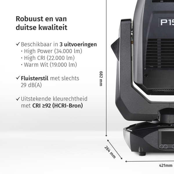JB-Lighting | P15 | Profielspot LED Movinghead | 1000W | 22.000 - 34.000lm | CMY | 29dB(A) | 12 gobo's | 5.2° - 54° | 24kg | CRI ≥93 – ≥73 JB-Lighting* JB-Lighting | P15 | Profielspot LED Movinghead | 1000W | 22.000 - 34.000lm | CMY | 29dB(A) | 12 gobo's | 5.2° - 54° | 24kg | CRI ≥93 – ≥73