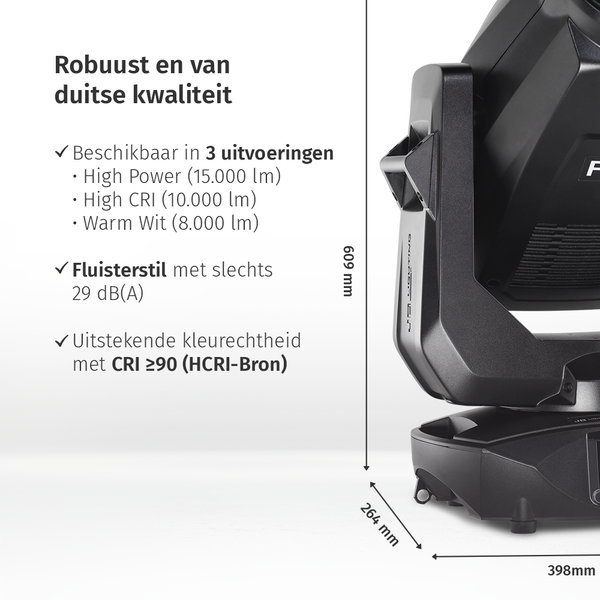 JB-Lighting* JB-Lighting | P10 | Projecteur LED à tête mobile | 330 W | 8 000 – 15 000 lm | CMY | 29 dB(A) | 7 gobos | 12° - 70° | 17 kg | IRC ≥ 92 - ≥ 70