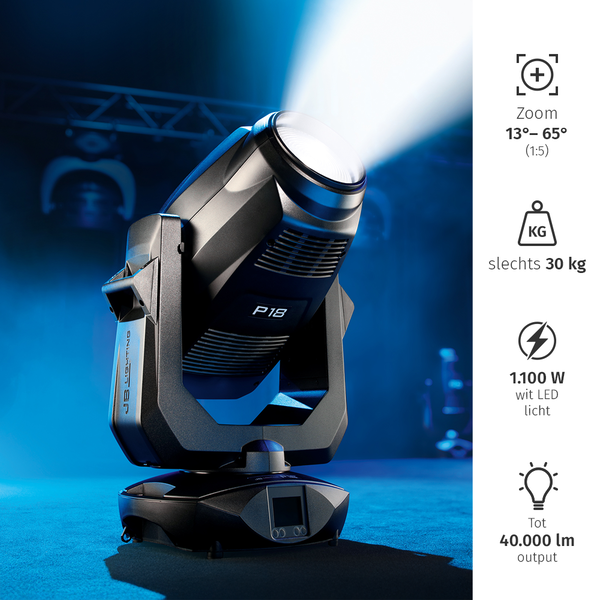 JB-Lighting* JB-Lighting | P18 | Projecteur à tête mobile LED | 1 100 W | 23 000 – 40 000 lm | CMY | 28 dB(A) | 6 gobos | 13°-65° | 30 kg | IRC ≥ 92 - ≥ 70