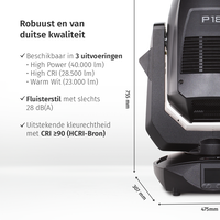 JB-Lighting* JB-Lighting | P18 | Projecteur à tête mobile LED | 1 100 W | 23 000 – 40 000 lm | CMY | 28 dB(A) | 6 gobos | 13°-65° | 30 kg | IRC ≥ 92 - ≥ 70