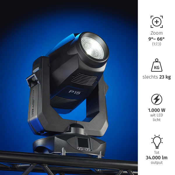 JB-Lighting* JB-Lighting | P15 | Washlight LED Movinghead | 1000W | 22.000 - 34.000lm | CMY | 29dB(A) | 9° - 66° | 23kg | CRI ≥93 – ≥85