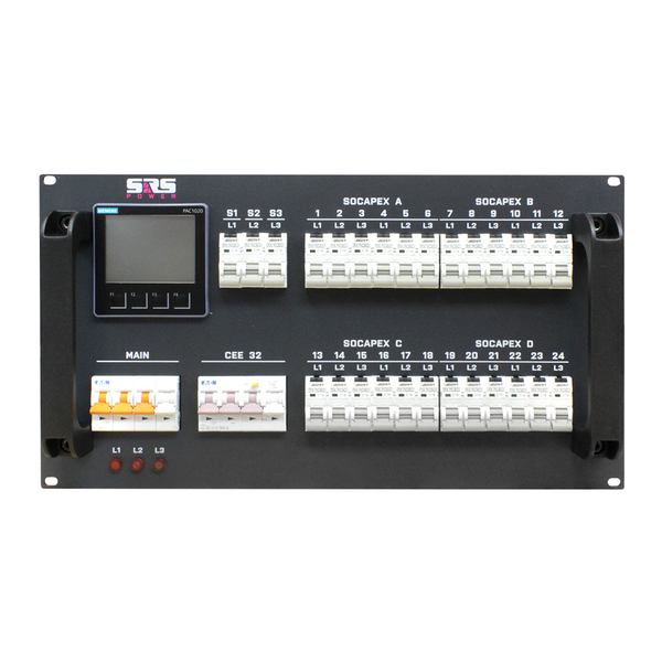 SRS Power* SRS Power | PDU631C4X3SxPR | Stroomverdeler 63A | Inpute: 63A CEE | Output: 1x 32A CEE | 4x Socapex | 3x Shuko | 29xRCBO | 6U