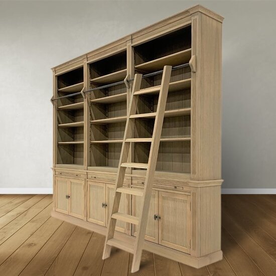 123schrank Bücherregal Melena del Sur - 300x43x240H cm - Eiche - mit Stange und Leiter - 15 Fachböden - 3 ausziehbare Fachböden - 6 geschlossene Flügeltüren - verstellbare Fachböden