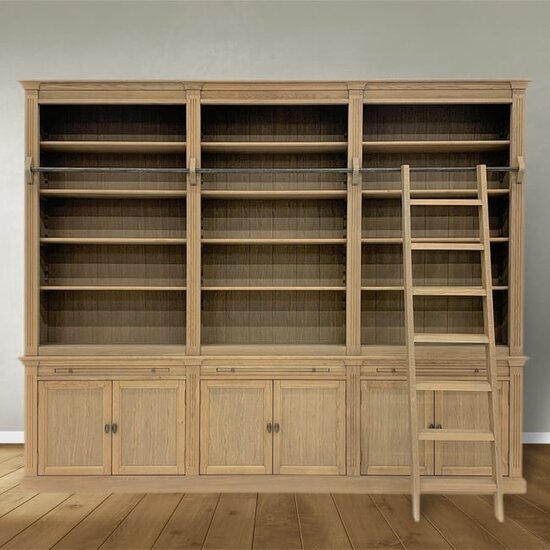 123schrank Bücherregal Melena del Sur - 300x43x240H cm - Eiche - mit Stange und Leiter - 15 Fachböden - 3 ausziehbare Fachböden - 6 geschlossene Flügeltüren - verstellbare Fachböden