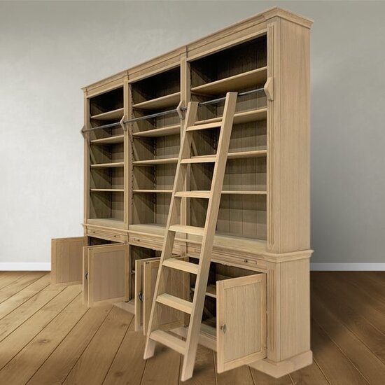 123schrank Bücherregal Melena del Sur - 300x43x240H cm - Eiche - mit Stange und Leiter - 15 Fachböden - 3 ausziehbare Fachböden - 6 geschlossene Flügeltüren - verstellbare Fachböden