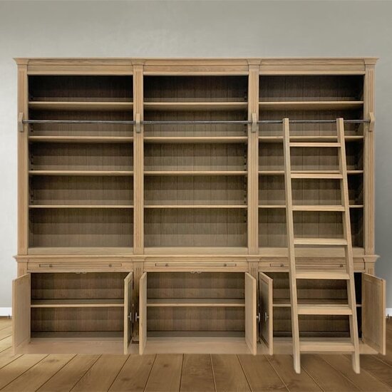 123schrank Bücherregal Melena del Sur - 300x43x240H cm - Eiche - mit Stange und Leiter - 15 Fachböden - 3 ausziehbare Fachböden - 6 geschlossene Flügeltüren - verstellbare Fachböden