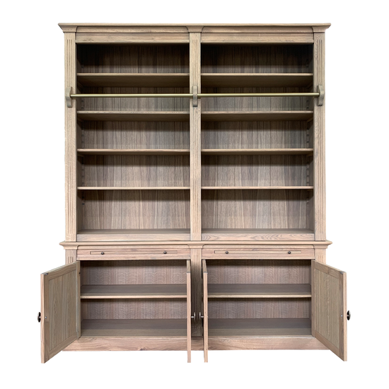123schrank Bücherregal Melena del Sur - 200x43x240H cm - Eiche - mit Stange und Leiter - 10 Fachböden - 2 ausziehbare Fachböden - 4 geschlossene Flügeltüren - verstellbare Fachböden