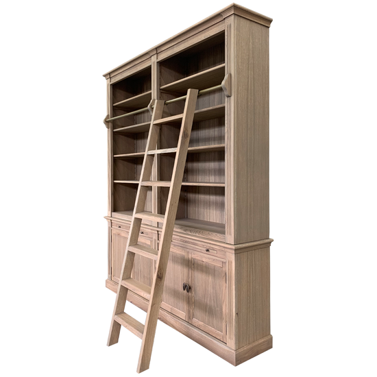 123schrank Bücherregal Melena del Sur - 200x43x240H cm - Eiche - mit Stange und Leiter - 10 Fachböden - 2 ausziehbare Fachböden - 4 geschlossene Flügeltüren - verstellbare Fachböden