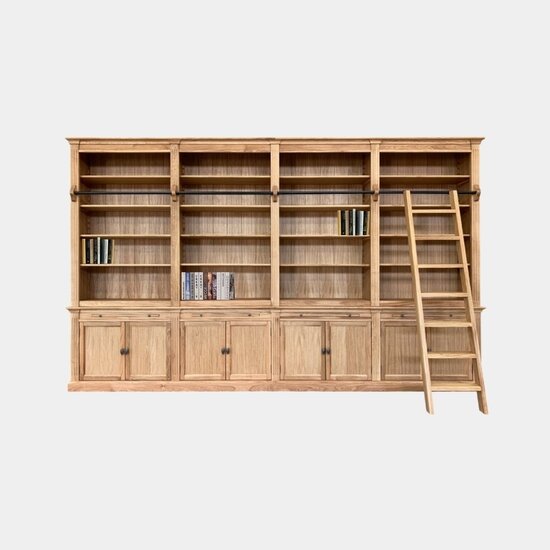123schrank Bücherregal Melena del Sur - 400x43x240H cm - Eiche - mit Stange und Leiter - 20 Fachböden - 4 ausziehbare Fachböden - 8 Flügeltüren - verstellbare Fachböden