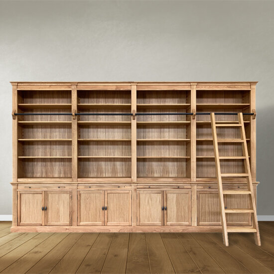 123schrank Bücherregal Melena del Sur - 400x43x240H cm - Eiche - mit Stange und Leiter - 20 Fachböden - 4 ausziehbare Fachböden - 8 Flügeltüren - verstellbare Fachböden