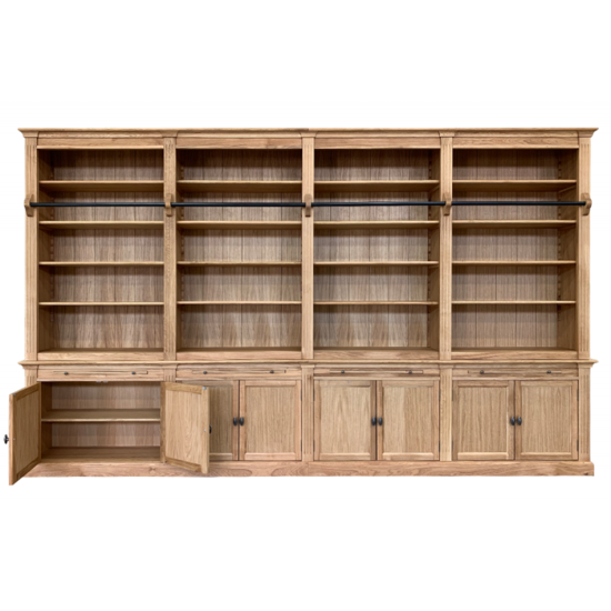 123schrank Bücherregal Melena del Sur - 400x43x240H cm - Eiche - mit Stange und Leiter - 20 Fachböden - 4 ausziehbare Fachböden - 8 Flügeltüren - verstellbare Fachböden
