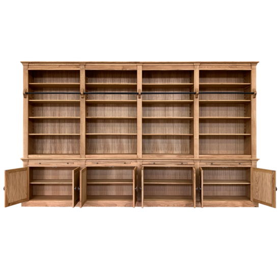 123schrank Bücherregal Melena del Sur - 400x43x240H cm - Eiche - mit Stange und Leiter - 20 Fachböden - 4 ausziehbare Fachböden - 8 Flügeltüren - verstellbare Fachböden