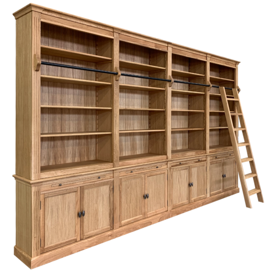123schrank Bücherregal Melena del Sur - 400x43x240H cm - Eiche - mit Stange und Leiter - 20 Fachböden - 4 ausziehbare Fachböden - 8 Flügeltüren - verstellbare Fachböden