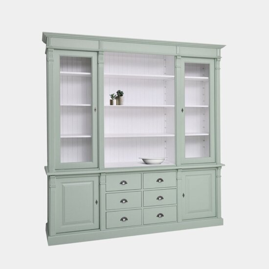 123schrank Buffet/Bücherregal Edinburgh - 225x50x230H cm - 2 Vitrinentüren - offenes Fach - 2 geschlossene Türen - 6 Soft-Close-Schubladen - verstellbare Einlegeböden - rustikale Ausführung