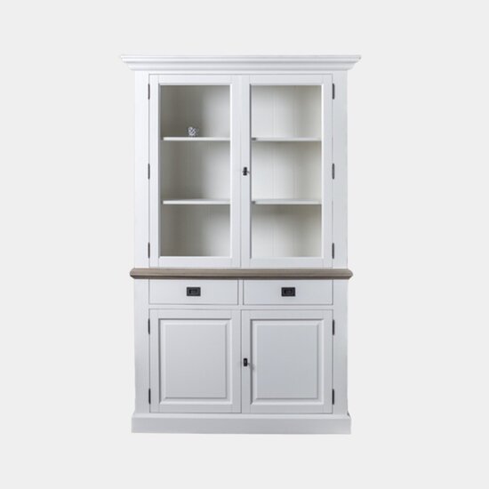 123schrank Buffetschrank Sara 02 - 130x46x206H cm - Zwischenboden Eiche - 2 Vitrinentüren mit Scharnieren - 2 Schubladen mit Soft-Close - 2 geschlossene Türen mit Scharnieren
