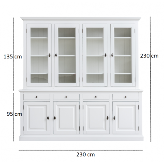 123schrank Buffetschrank Santa Barbara - 230x45x230H cm - 4 Vitrinentüren mit Scharnieren - 4 Schubladen mit Soft Close - 4 geschlossene Türen mit Scharnieren - verstellbare Einlegeböden