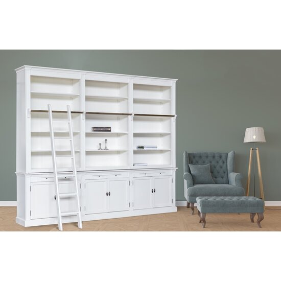 123schrank Bücherregal Melena del Sur - 300x40x240H cm - mit Stange und Leiter - 15 Fachböden - 3 ausziehbare Fachböden - 6 geschlossene Flügeltüren - verstellbare Fachböden