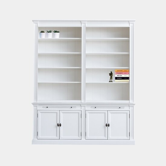 123schrank Bücherregal Melena del Sur - 200x40x240H cm - mit Stange und Leiter - 10 Fachböden - 2 ausziehbare Fachböden - 4 geschlossene Flügeltüren - verstellbare Fachböden
