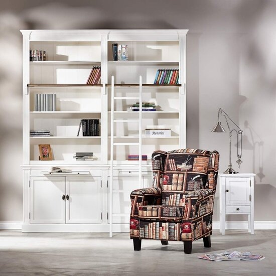 123schrank Bücherregal Melena del Sur - 200x40x240H cm - mit Stange und Leiter - 10 Fachböden - 2 ausziehbare Fachböden - 4 geschlossene Flügeltüren - verstellbare Fachböden