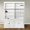 123schrank Bücherregal Melena del Sur - 200x40x240H cm - mit Stange und Leiter - 10 Fachböden - 2 ausziehbare Fachböden - 4 geschlossene Flügeltüren - verstellbare Fachböden