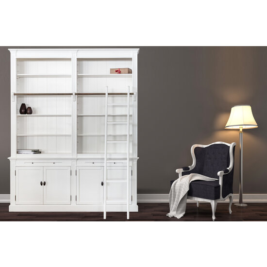 123schrank Bücherregal Melena del Sur - 200x40x240H cm - mit Stange und Leiter - 10 Fachböden - 2 ausziehbare Fachböden - 4 geschlossene Flügeltüren - verstellbare Fachböden